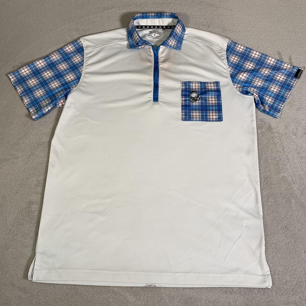 Tattoo Golf Polo Shirt Mens Large White Plaid Skull Pocket Golf Performance